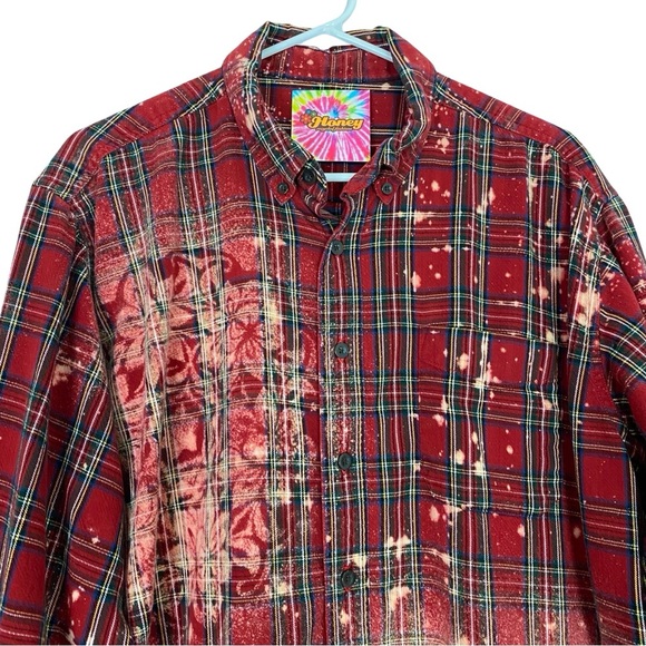 Handmade Floral Flannel Shirt Unisex Size XL XXL Bleached Plaid Button Down Red - Picture 3 of 8
